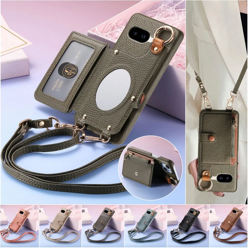 Crossbody Lanyard Leather Wallet Phone Case with Zipper Card Slots Holder