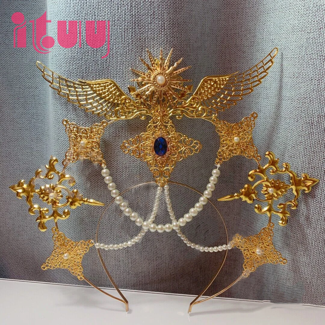 

Golden Angel Wings Cross Spiked Halo Crown Gothic Lolita Sun Goddess Queen Cosplay Headpiece Christmas Party Hair Accessories
