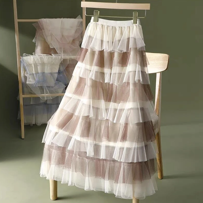 

Patchwork Ruffled Pleated Cake Mesh Tulle Skirt Women Spring Summer Fashion Elastic High Waist Wedding Dance Party Long Skirts