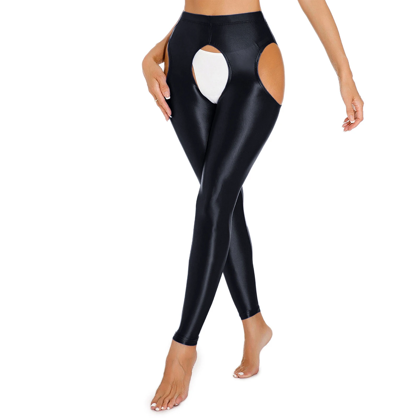 

Sexy Womens Glossy Cutout Leggings High Waist Open Crotch Thigh Hollow Out High Stretchy Pants for Yoga Workout Skinny Fitness