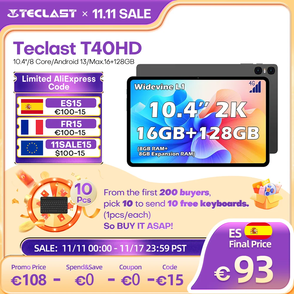108.32€ 50% OFF|Teclast t40hd Gaming Tablet, 10,4 Zoll Android 13 Phablet, 8GB (8GB erweitern) RAM 128GB ROM (TF 1TB), T606 Octa Core 2GHz, 2000x1200 fhd 2k, Dual Sim 5gwifi, 13mp/bt5/Typ C/GPS/7200mAh/Metallkörper/Widevine l1| | - AliExpress