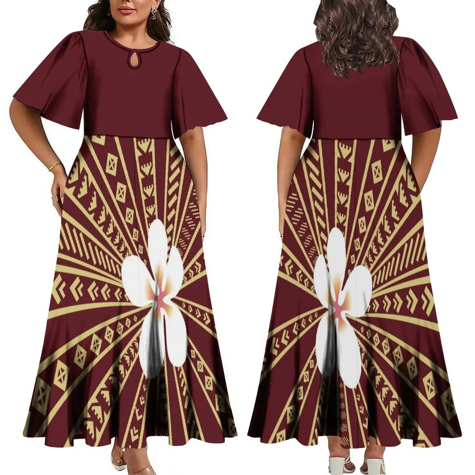 

Autumn Pacific Island Art Breathable O Collar Dress 6xl Polynesian Tribal Design Hollowed-Out Trumpet Sleeve Party Dress