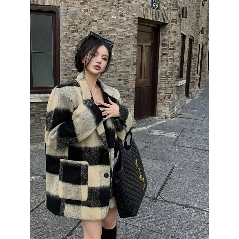 Slightly Fat mm Royal Sister Fashion Plaid Woolen Coat Female 2023 Autumn Winter NewLoose Thick Fried Street Top Tide Commute
