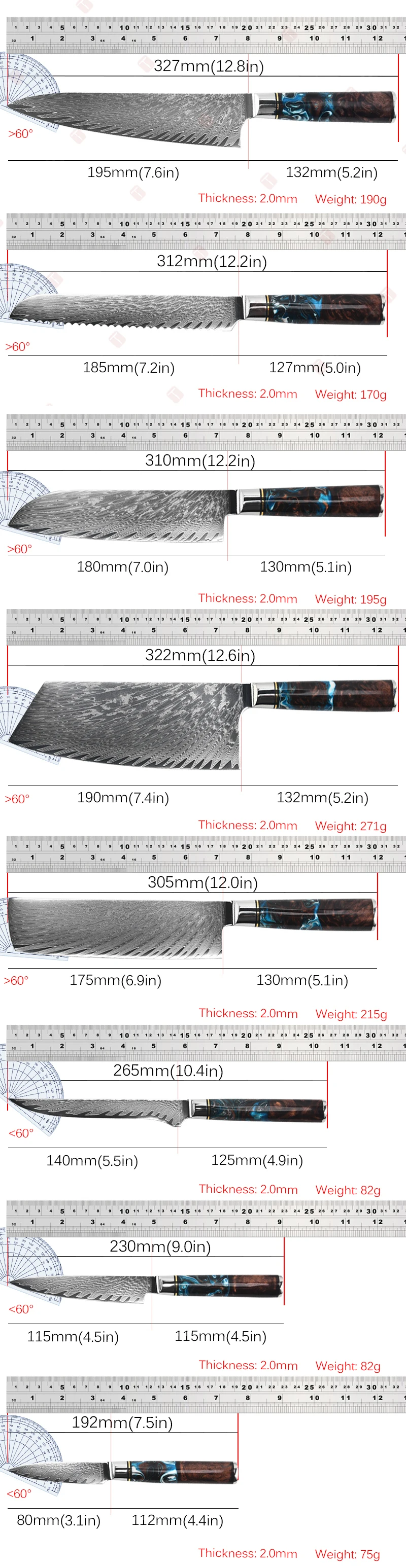 Description Picture 3 of itemProfessional Chef's Knife Set Damascus Steel Chopper Universal Kitchen Knives Bread Slicing Knife Sharp Meat Butcher's Cleaver