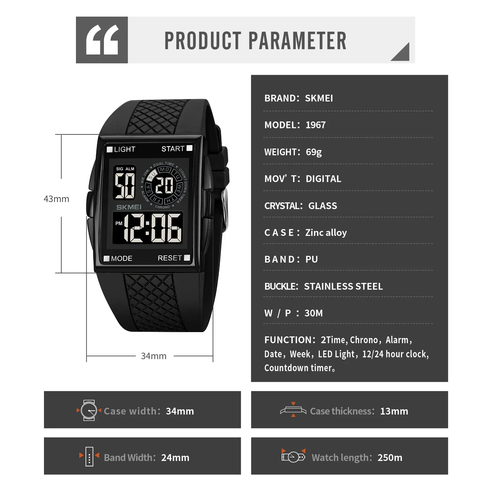 SKMEI 1967  reloj hombre Japan Digital movement Watch Mens military 3Bar Waterproof Countdown LED Light Electronic Wristwatches 5