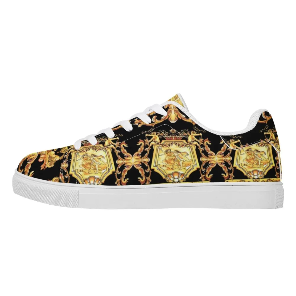 Noisydesigns Luxury Women's Flats Pu Leather Shoes Couple Golden Floral Sneakers Men Vintage Casual For Party Travel