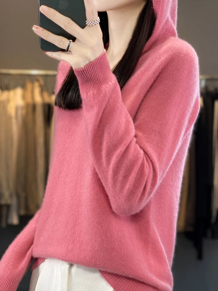 Hooded Cashmere Sweater for Women, 100% Merino Wool, Hooded Pullover, V-Neck Top, Women's Clothing Base, Winter and Autumn