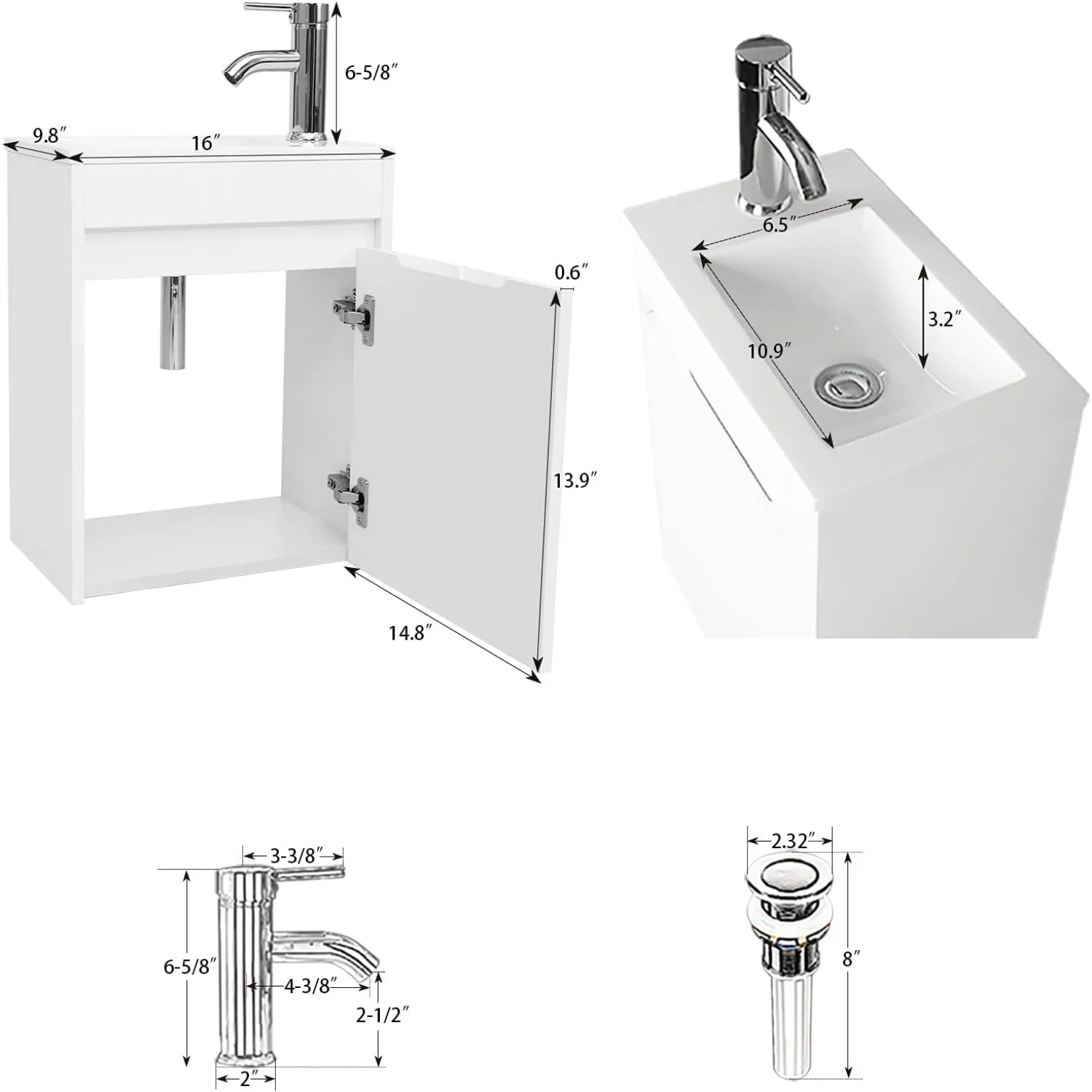 16"Small Bathroom Vanity Sink Combo,Wall Mounted Floating Cabinet W/Resin Basin Sink Top,Chrome Water Save Faucet & Pop Up Drain 5