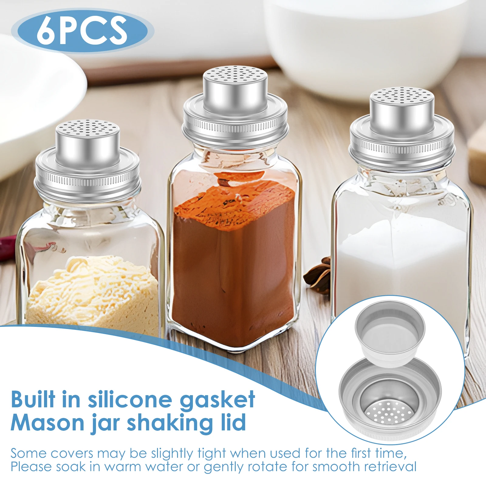 6Pcs Mason Jar Shaker Lids Caps Stainless Steel Shaker Cap with Sealing Silicone Gasket Glass Jar Shaker Lid for Spices Cocktail