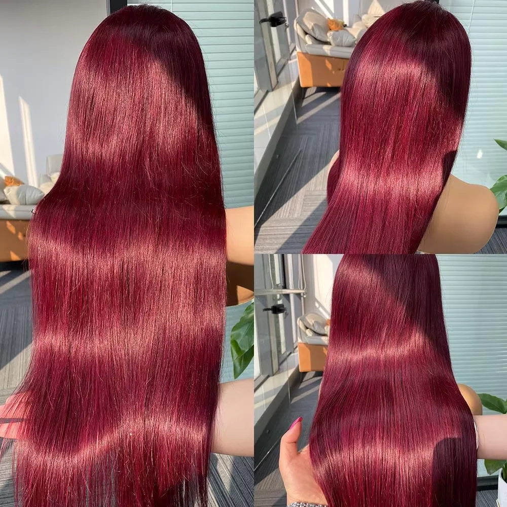 13x6 Red Straight HD Lace Front Wig Pre-Plucked Glueless Long Straight 99j Burgundy Synthetic Lace Front Wigs For Black Women 4