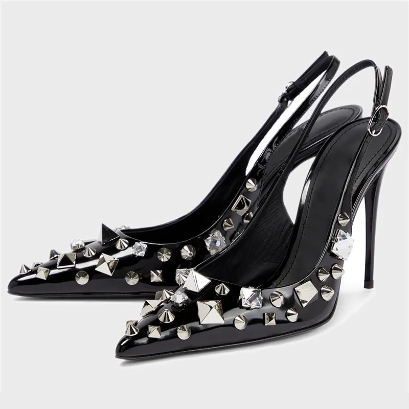 Sexy Rivet Pointed Toe Slingback Stiletto Sandals Woman Summer Rhinestone Black Hollow High-Heeled Shoes for Women Banquet