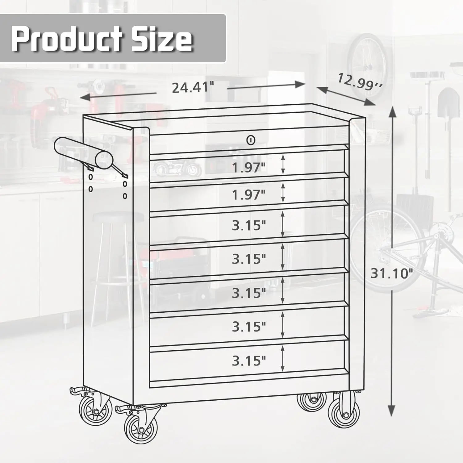 Rolling  Chest, Heavy Duty Rolling Box on Wheels, Metal Storage Cabinet with Drawer Liners, Lockable Cart wit 2