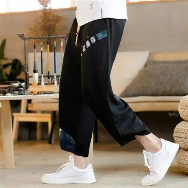 Summer Men's Clothing Loose Oversized Thin Fashion Casual Printed Spliced Button Pocket Elastic Waist Wide Leg Cropped Shorts