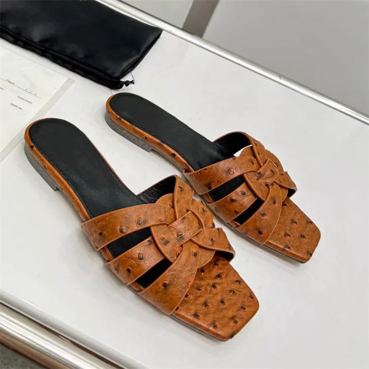 Ostrich Skin Like Flat Sandals Knitted Leather Women Shoes Summer