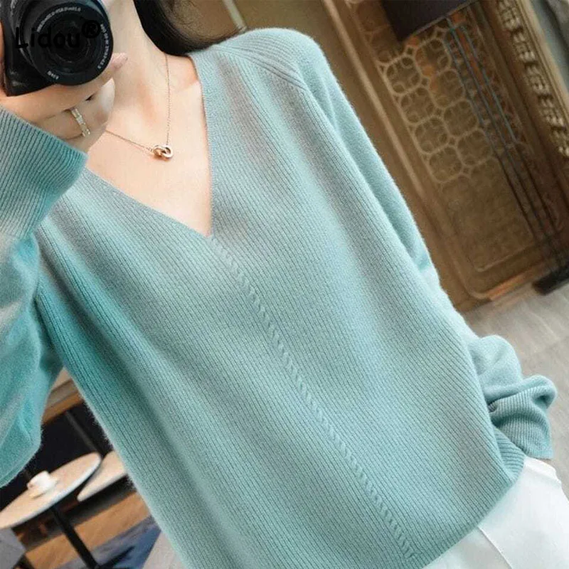 

Autumn Winter Women's Solid Color Elegant V-Neck Sweaters Korean All-match Basic Long Sleeve Knitted Jumpers Female Clothing