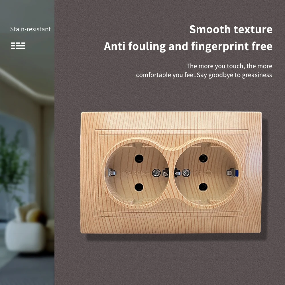 WESA Wood Power Socket 16A EU Standard Electrical Outlet Standard Ground Wall Socket Embedded Plug Flame Retardant Plastic Panel