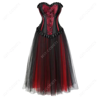 Red Corset With Dress Sexy Corset Dresses for Women Plus Size Gothic Corset Skirt Party Evening Mesh Maxi Dress with Corset 1