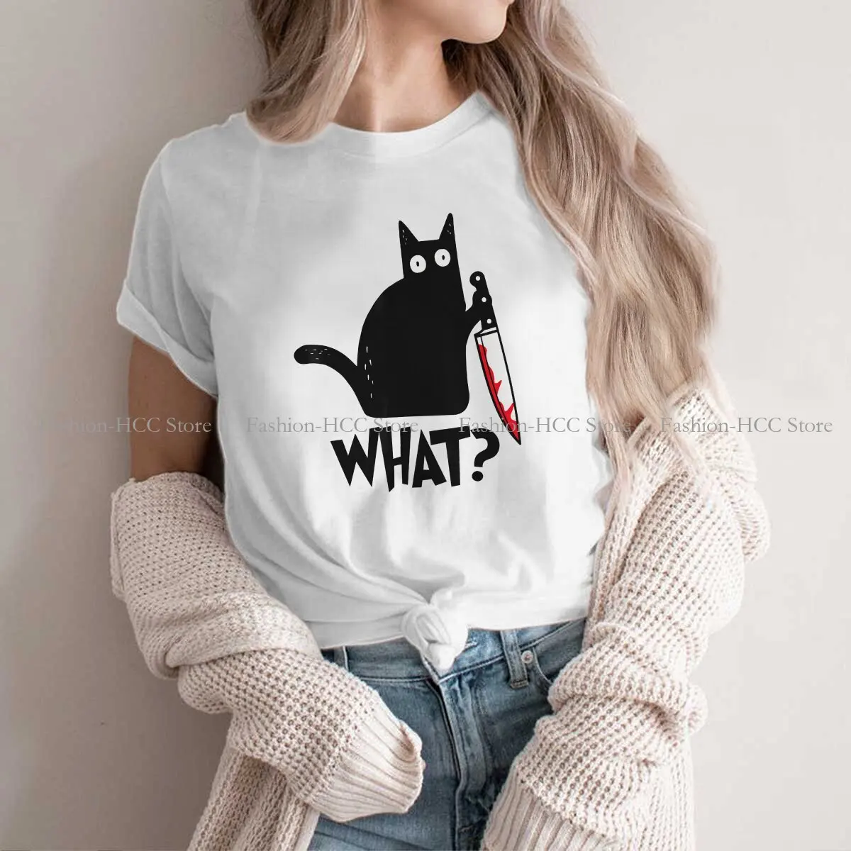 

Женская футболка из полиэстера с ножом и надписью «Cat What Murderous»