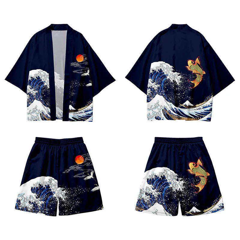 Two-piece Suit Japanese Kimono Cardigan Shorts Set Print Dragon Men Women Shirt Tradition Yukata Haori Obi Coaplay Costume japanese kimono japanese kimono cardigan