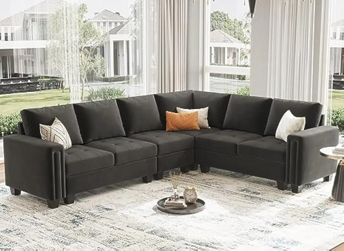 Velvet L-Shape Sectional Sofa with Reversible Chaise, 107.8'L x 84.2'W x 35.8'H, Modular, Modern, Sofa Couch for Living Room