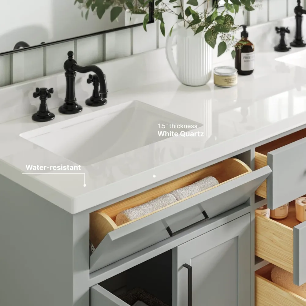 Double Bathroom Vanity 73" Grey, 1.5" Edge Pure White Quartz Countertop & Splash, Sinks, 4 Soft Closing Doors, 6 Full Extension 4