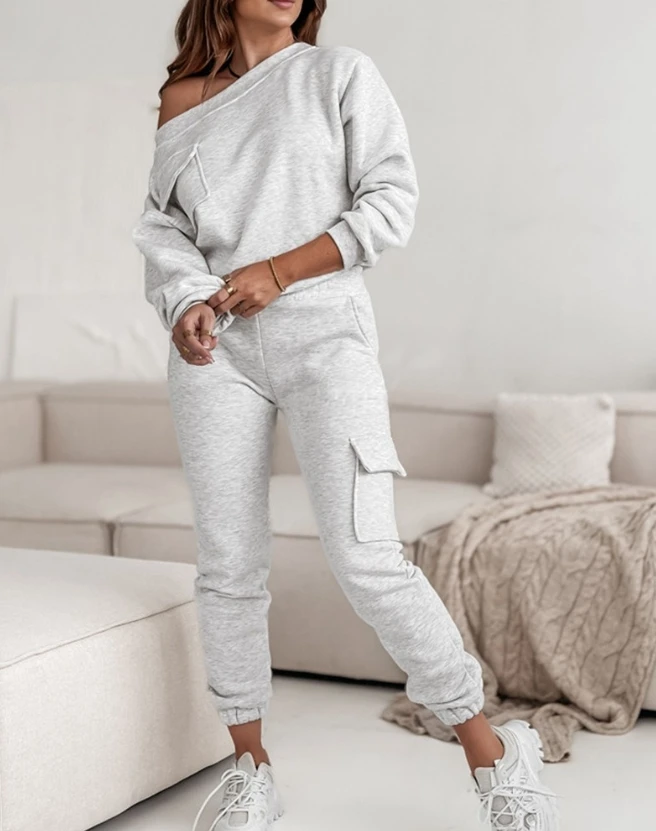 New Fashion Skew Neck Sweatshirt 2023 Autumn and Winter Casual Commuting Style Temperament Daily Cuffed Sweatpants Set for Women
