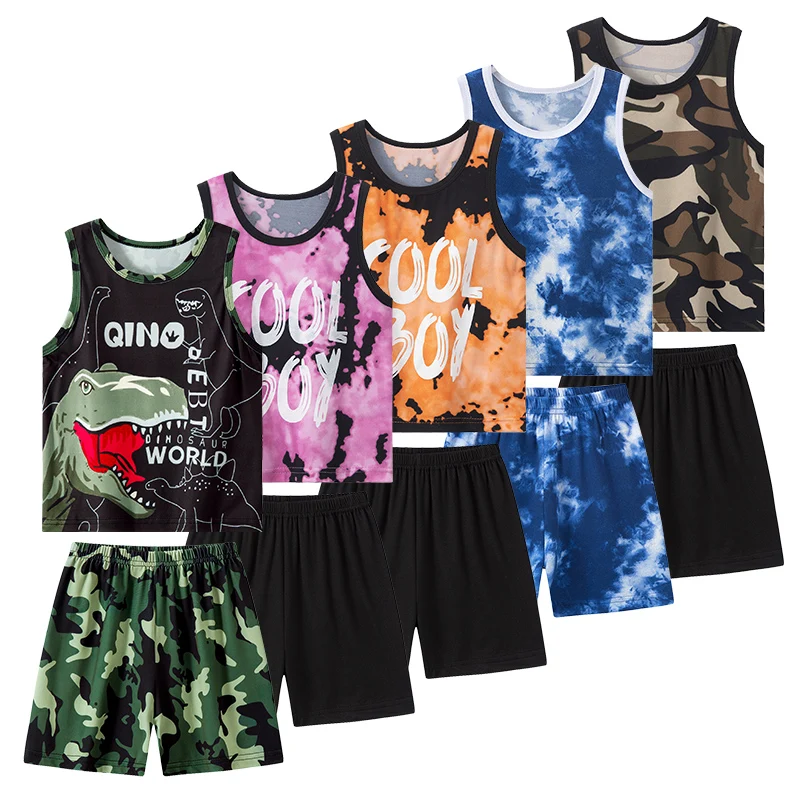 2 Pcs Summer Children's Camouflage Dinosaur Suit Boy Casual Fashion Handsome Vest Girl Comfortable Joker Shorts T-shirt Clothing children clothing