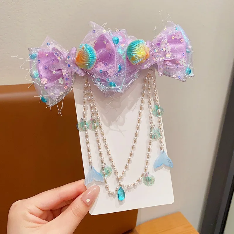 Baby Girls Cute Mermaid Princess Pearl Tassel Bow Forehead Chain Hair Clip