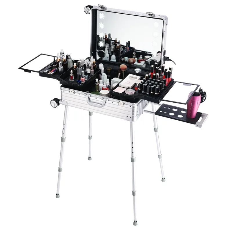 Aluminum-magnesium alloy cosmetic case with lamp, beauty suitcase
