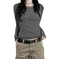 Femmes Harajuku rayé à manches longues T-Shirts col rond chemisier mince Y2K Grunge Goth hauts t-shirt foncé académique vêtements Streetwear 1