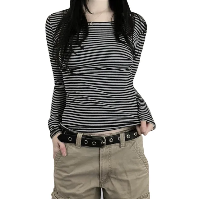 Femmes Harajuku rayé à manches longues T-Shirts col rond chemisier mince Y2K Grunge Goth hauts t-shirt foncé académique vêtements Streetwear 1