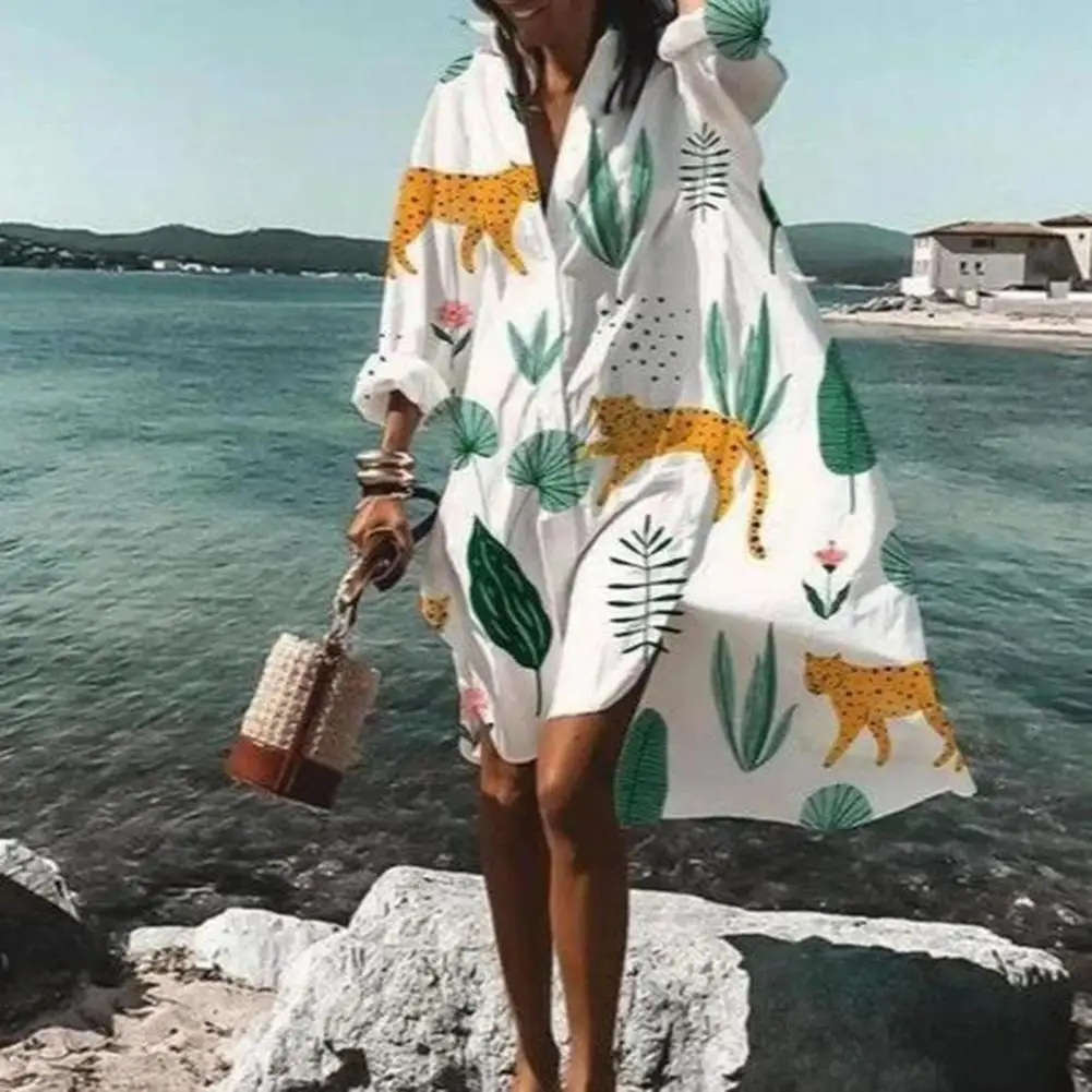 

Women Resort Style Dress Leaf Print Vacation Beach Cover-up Dress For Women Loose Long Sleeves Shirt Type Mini Dress Summer