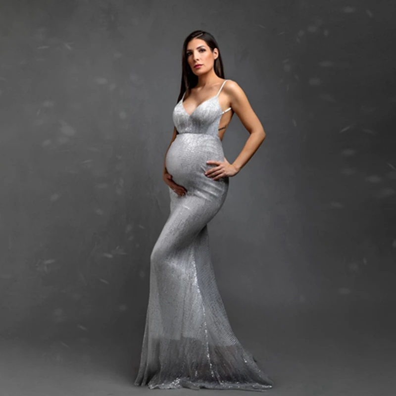 Sparkly Silver Baby Shower Maternity Gown best suited for photoshoot