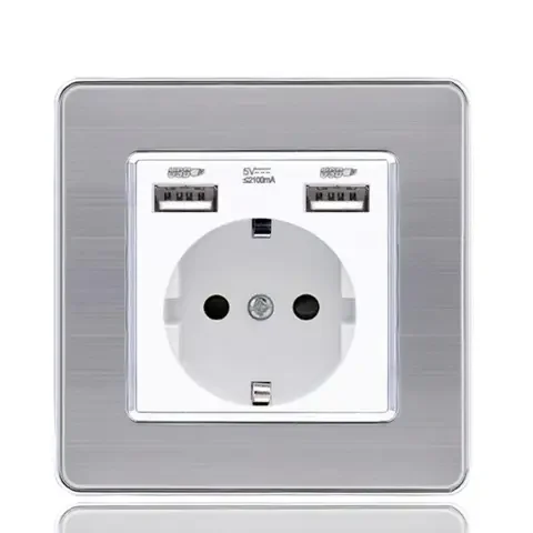 

USB Wall Power Socket Panel AC 110V-250V 16A Wall Embedded Double EU Standard Outlet Bedroom Socket 86mm*86mm