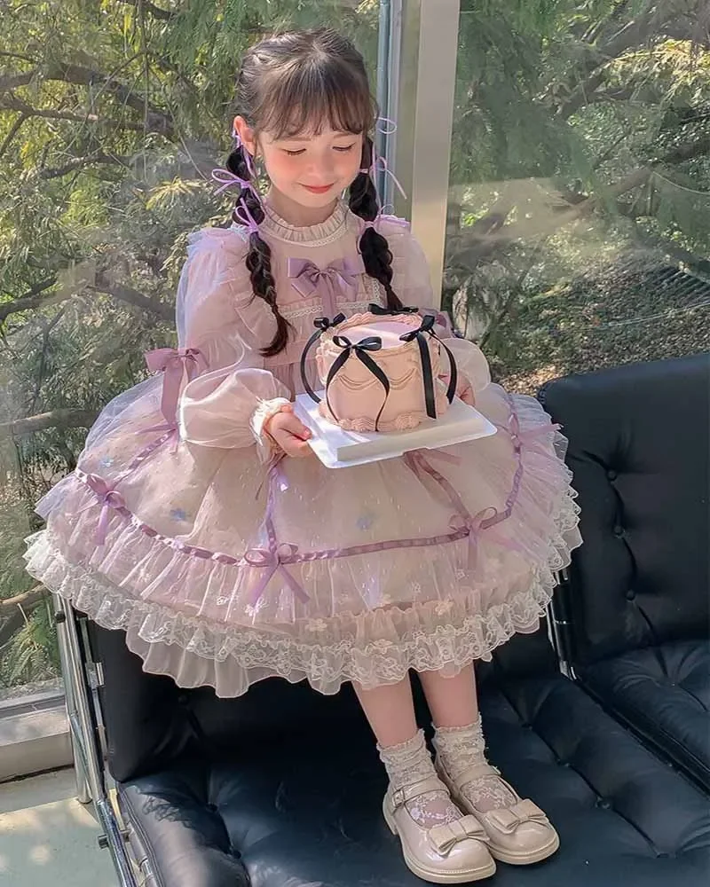 Birthday Party Lolita Sweet Dress Girls Kids Pink-purple Long Sleeve Dress Cute Princess Doll Teen For Girls 2-10Y