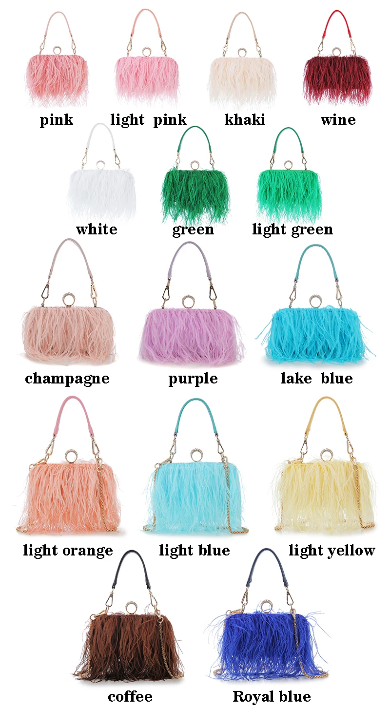 Luxury Ostrich Feather Party Evening Clutch Bag Women Wedding Purses and Handbags Small Shoulder Chain Bag Designer Bag 16 Color