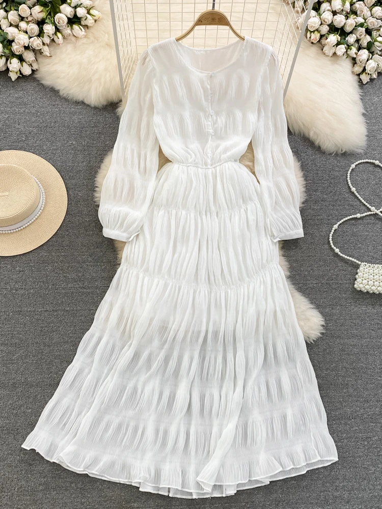 

Spring Autumn Vintage Maxi White Dress for Women Long Sleeve Round Neck Pleated Solid A-line Party Dress Hot