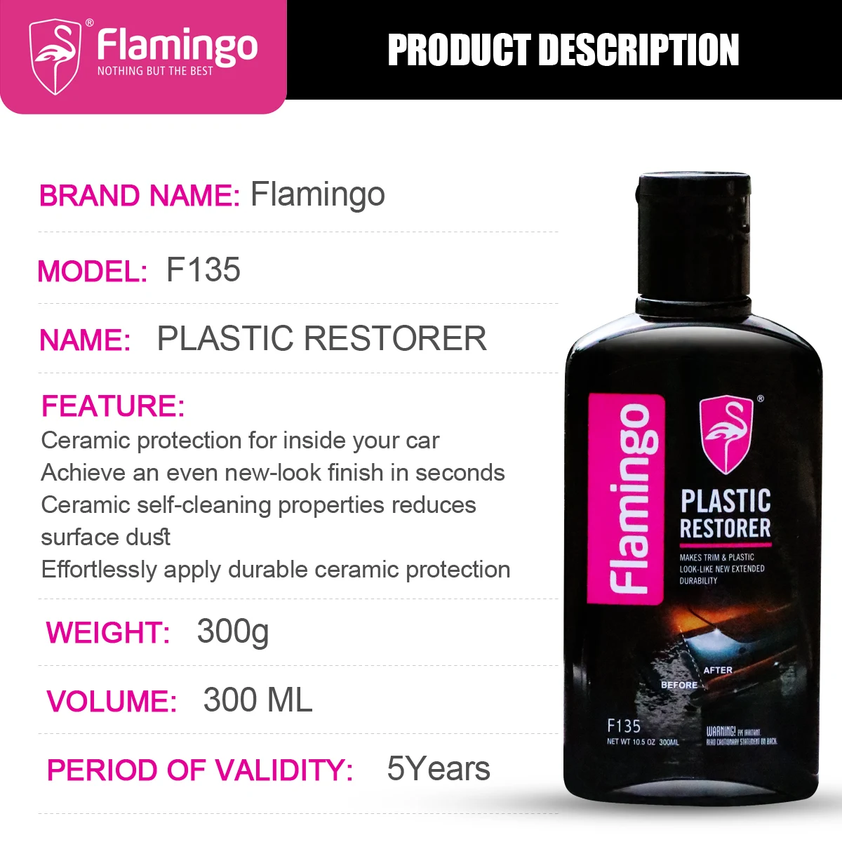 Flamingo F135 300ml Plastic Restorer Car Plastic Restore Coating Agent Exterior Repair Clean Refresh Restoration Black Shine auto ceramic coating liquid