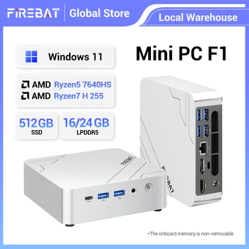 Firebat F1 Mini Pc Amd Ryzen 7 H255/AMD Ryzen5 7640HS LPDDR5 16GB/24GB Ram M.2 Pcie 512Gb SSD Wifi6 Bt5.2 USB4 2500m Lan Windows11 Desktop Gaming Computer