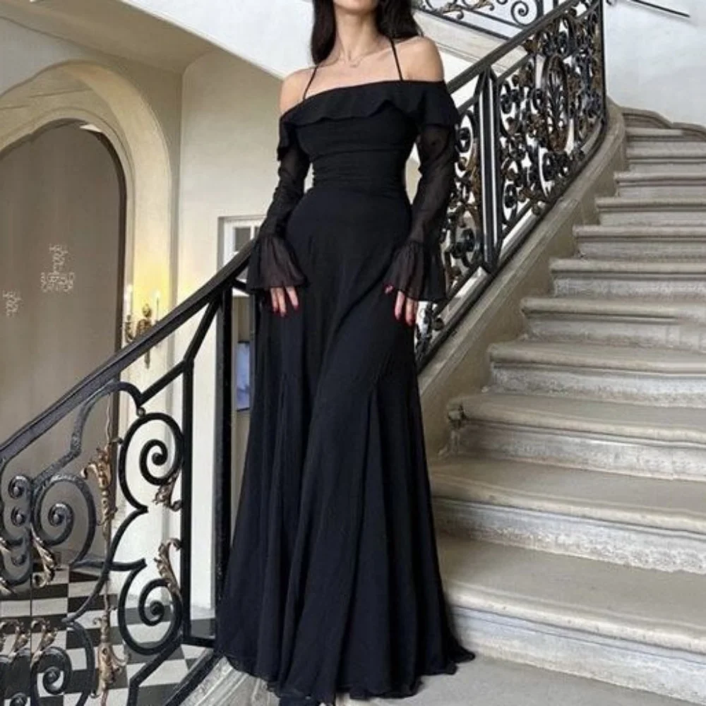 여성용 우아한 파티 원피스, 간단한 오프 숄더 홀터 이브닝 가운, 해변 바닥 길이 무도회 드레스 