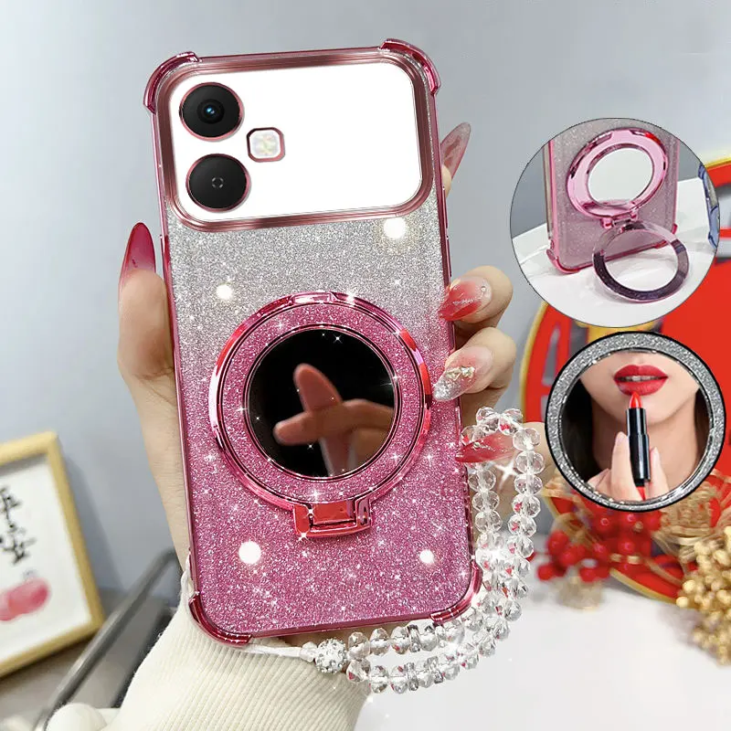 Glitter Shockproof Phone Case with Mirror Stand and Beaded Strap