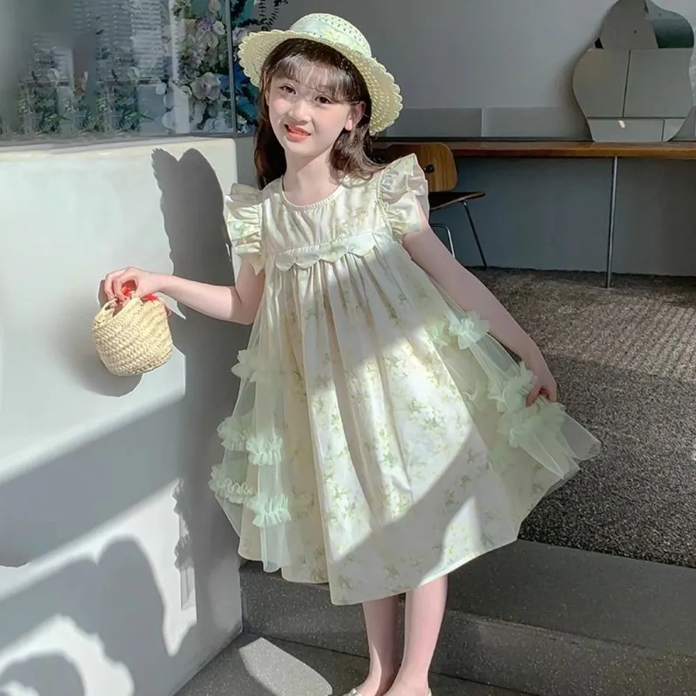 Floral Print Pleated Kids Ruffles Mesh Dress Round Neck Loose Girls Puff Sleeve Skirt Long Flower Lace Children Princess Dress