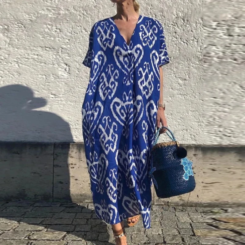 

2024 Vintage Pattern Printed Long Dress Women Elegant Streetwear Loose Beach Dress New Sexy V-neck Short Sleeved Bohemian Dress