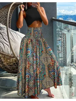 Women Fashion Floral Print Folds Bohemian Elastic High Waist  Skirt Ladies Knee-Length Long Skirts For Women 5