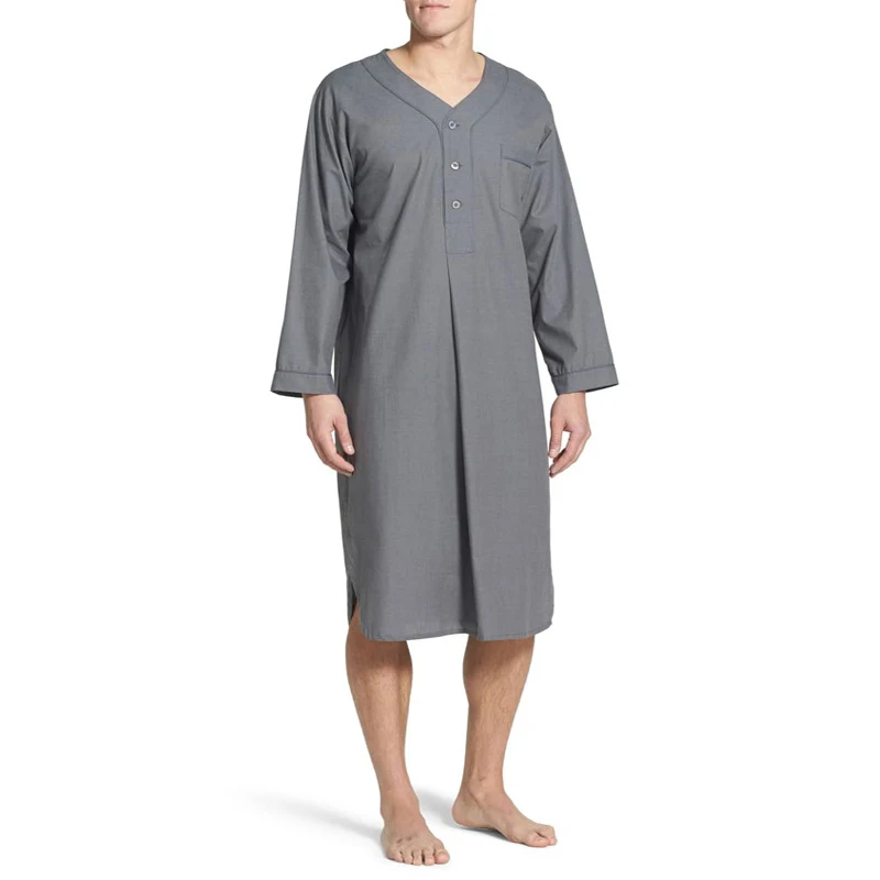 Muslim Men's Robes Spring Loose Stand Collar Long Sleeve Shirts Saudi Arab Long Kaftan Thobe Cotton Comfortable Pajamas