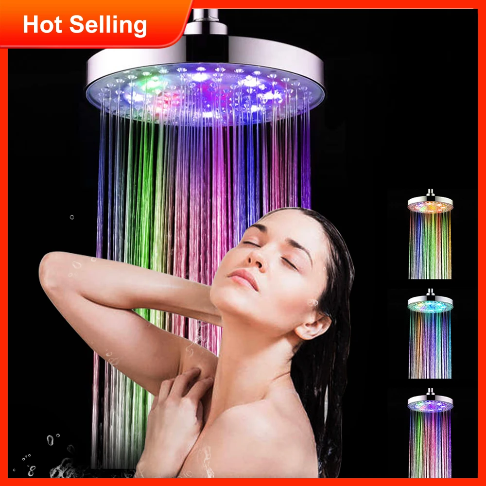 8 inch RGB LED Light Shower Head Round Automatic Changing Water Saving High Pressure Bathroom Rainfall Shower