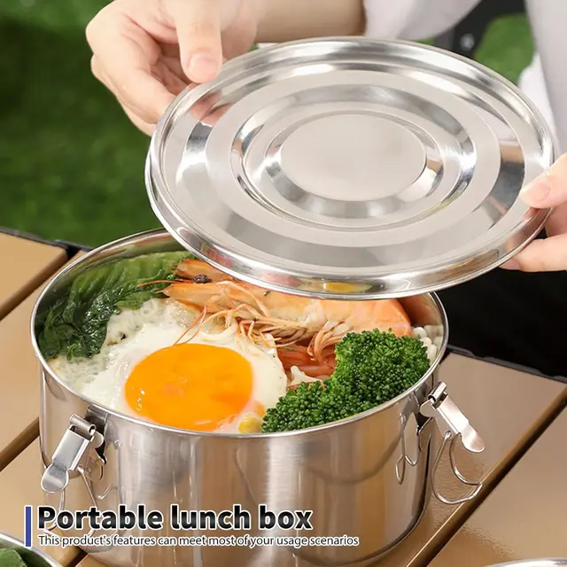 Boîte à déjeuner ronde pour micro-ondes avec couvercle, boîtes à Bento portables en acier inoxydable, conteneur de stockage des aliments anti-fuite, bol, conteneurs de pique-nique 2