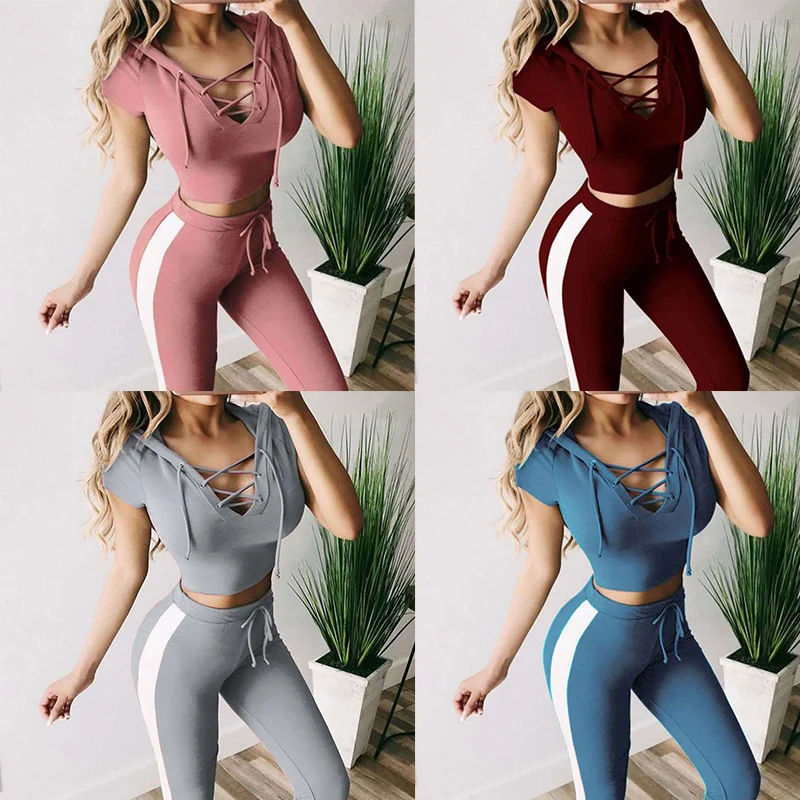 Summer 2Pcs women's casual sports yoga fitness leggings sports suit Crop Top hooded + pants women's fashion sports running suit silly dog malino belgium 2023 men s spring and autumn tricolor with new 2pcs sportswear sweatshirt pants hoodie sports and leisu