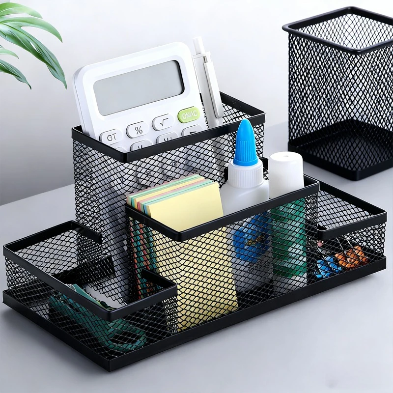 Elegant Iron Art Pen Holder Storage Box – Minimalist Square Desktop Organizer
