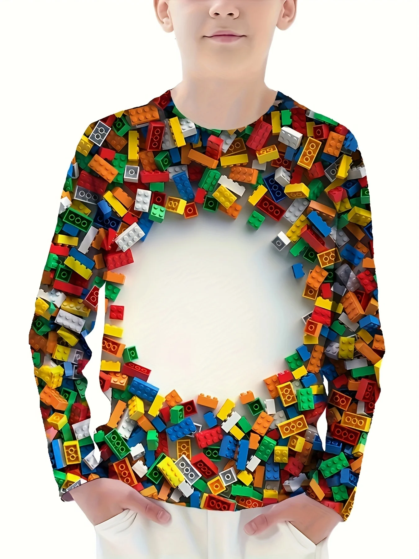 Kinderkleidung Jungen T-Shirt Langarm Kinder Oberteil Baustein-Druck Cartoon Kinder Sommerkleidung Lässige Jungenkleidung – Detail 5